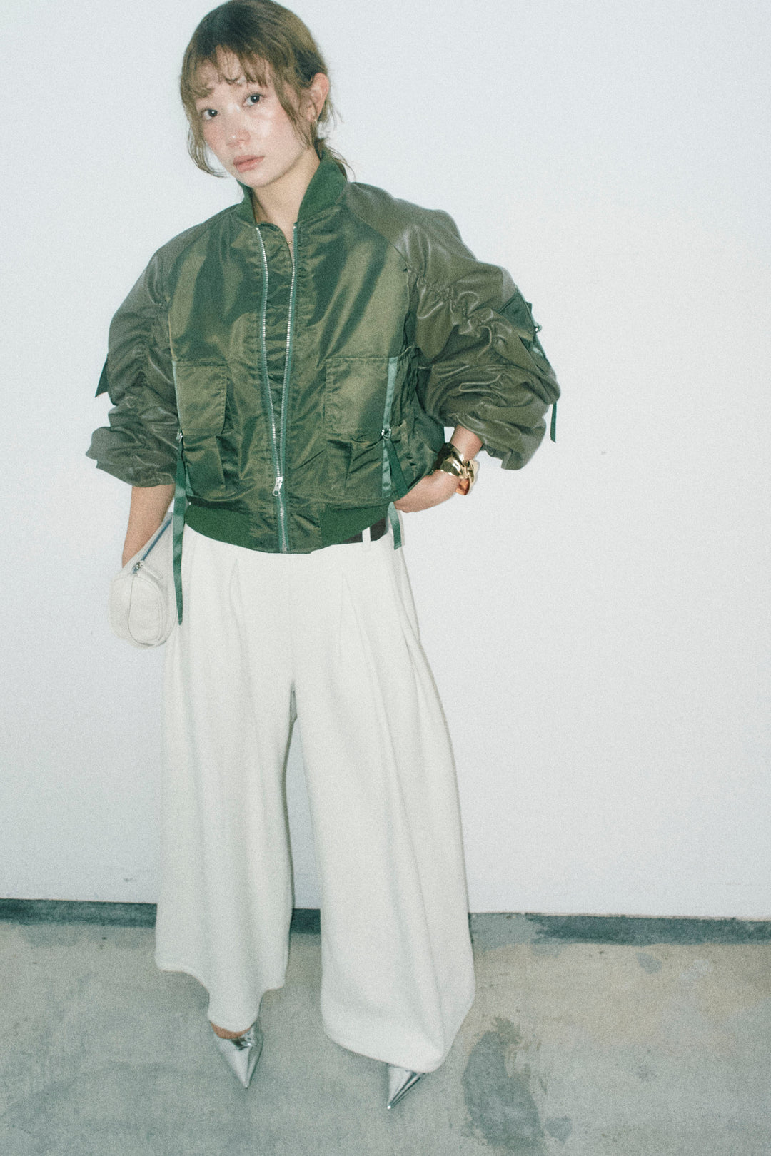 [予約/SET]ショート丈MA1+ベルト付きスゥイッチングタックパンツ(2set)