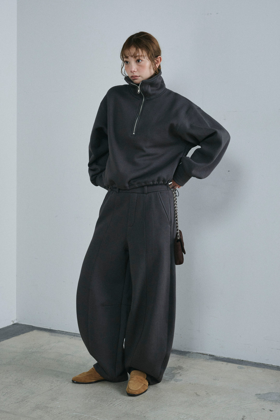 [予約/SET]ハーフジップ裏起毛トップス+裏起毛カーブパンツ(2set)