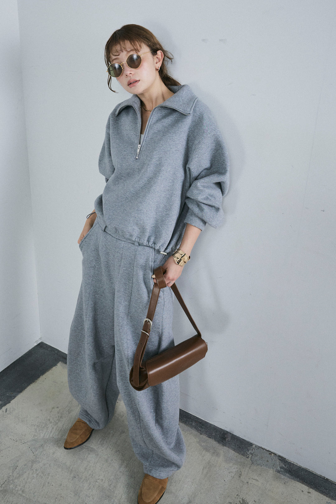 [予約/SET]ハーフジップ裏起毛トップス+裏起毛カーブパンツ(2set)