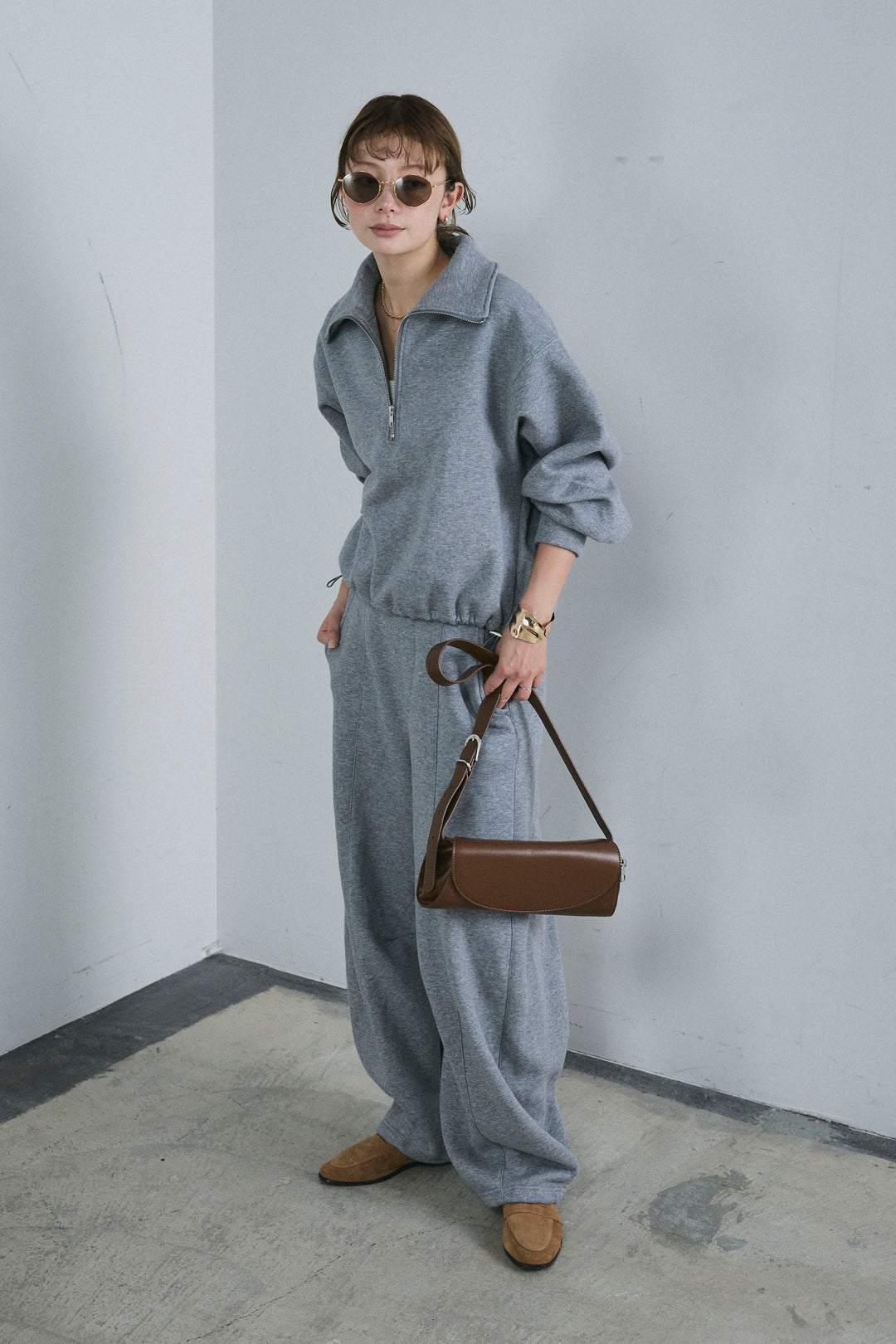 [予約/SET]ハーフジップ裏起毛トップス+裏起毛カーブパンツ(2set)