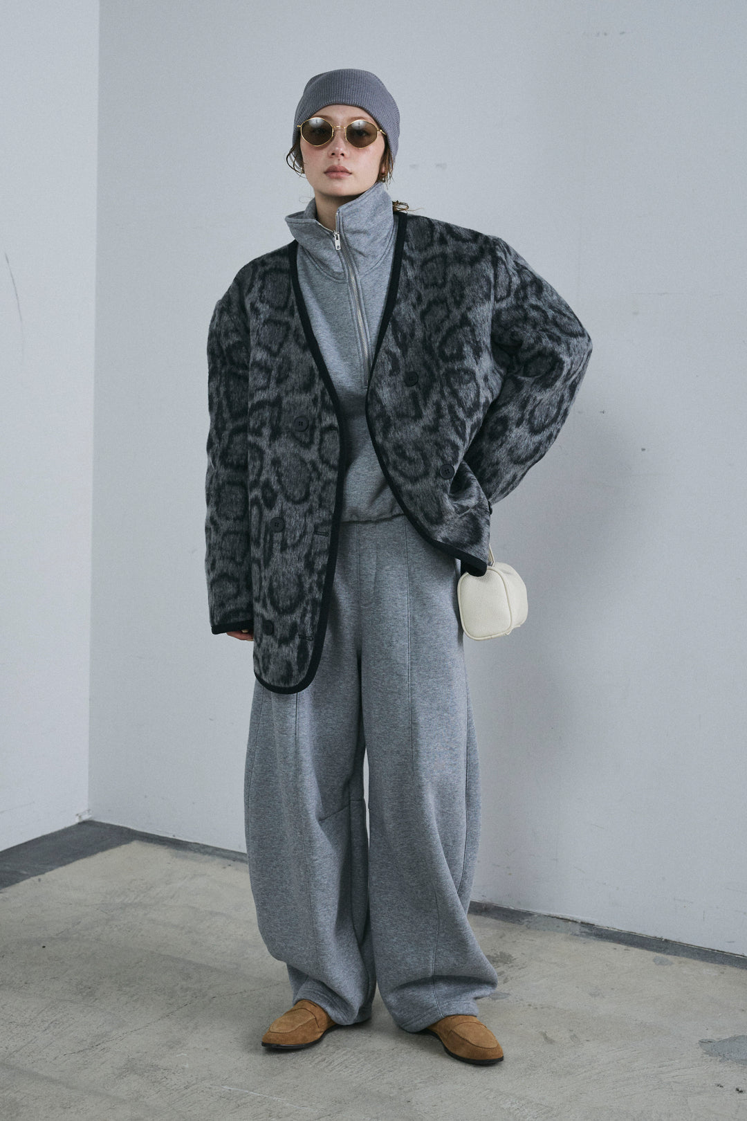 [予約/SET]ノーカラーレオパードジャコット+裏起毛カーブパンツ(2set)