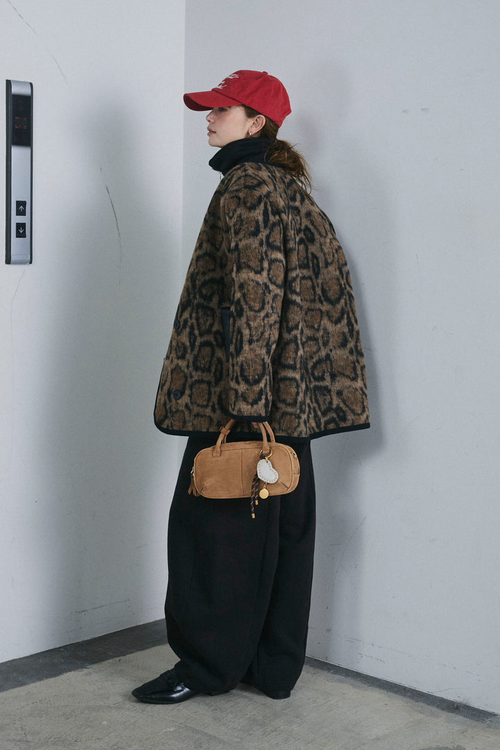 [予約/SET]ノーカラーレオパードジャコット+ハーフジップ裏起毛トップス+裏起毛カーブパンツ(3set)