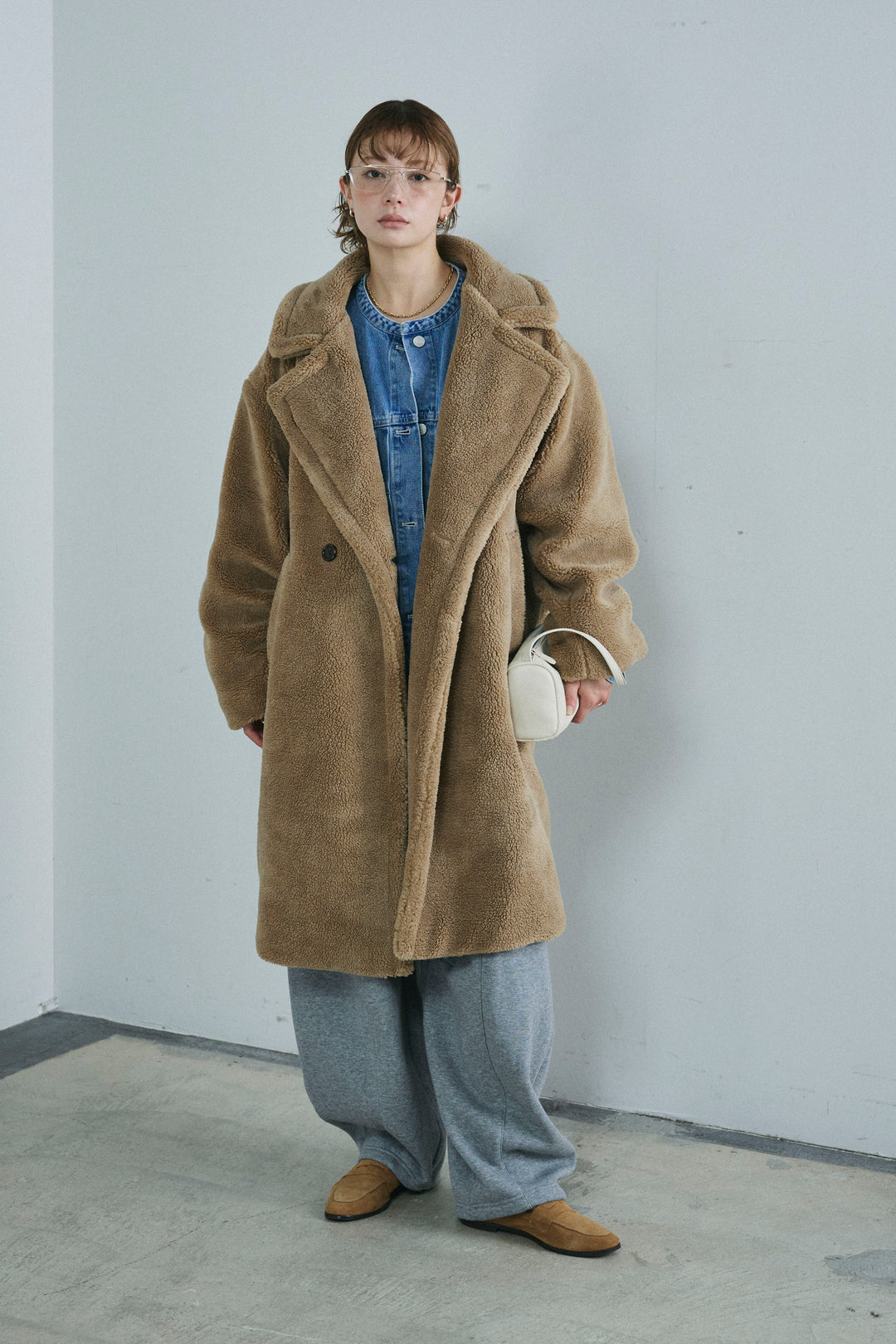 [予約/SET]テディロングコート+オーバーサイズノーカラーデニムJK+裏起毛カーブパンツ(3set)