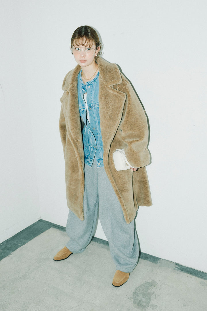 [予約/SET]テディロングコート+オーバーサイズノーカラーデニムJK+裏起毛カーブパンツ(3set)