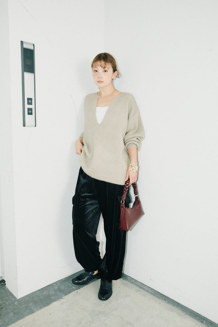 [予約/SET]深Vネックハイゲージニット+ベロアカーゴジョガーパンツ(2set)