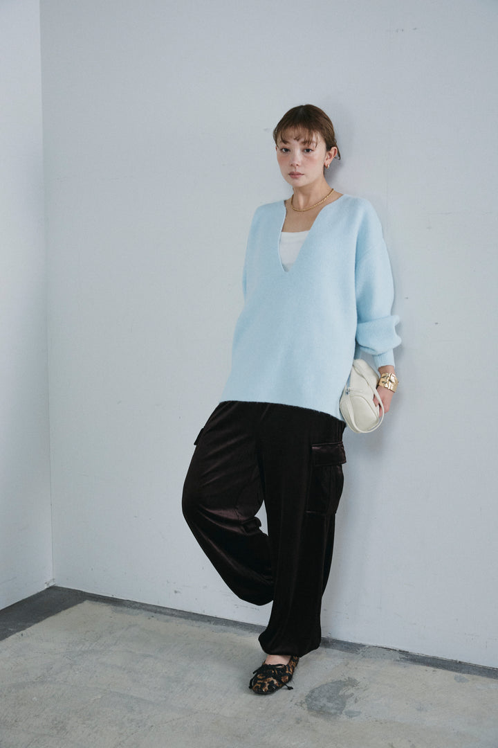 [予約/SET]深Vネックハイゲージニット+ベロアカーゴジョガーパンツ(2set)