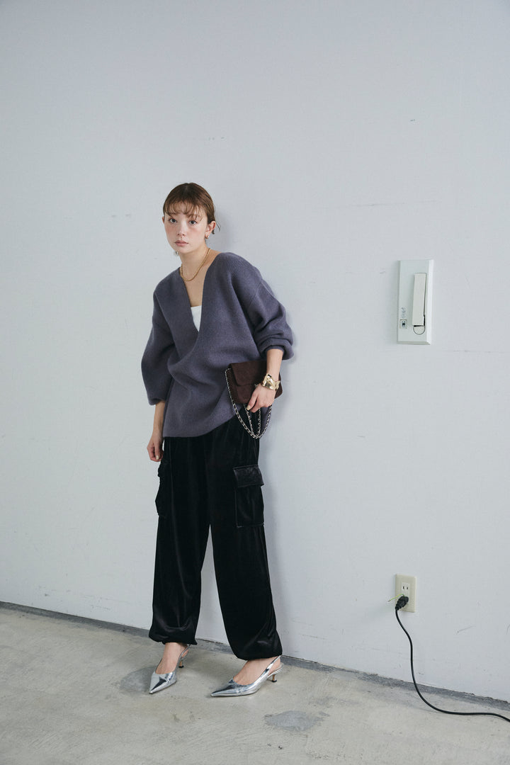 [予約/SET]深Vネックハイゲージニット+ベロアカーゴジョガーパンツ(2set)