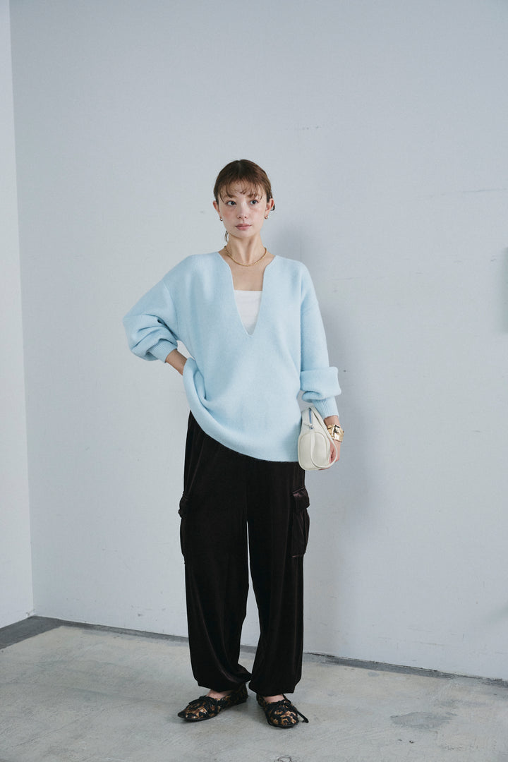 [予約/SET]深Vネックハイゲージニット+ベロアカーゴジョガーパンツ(2set)