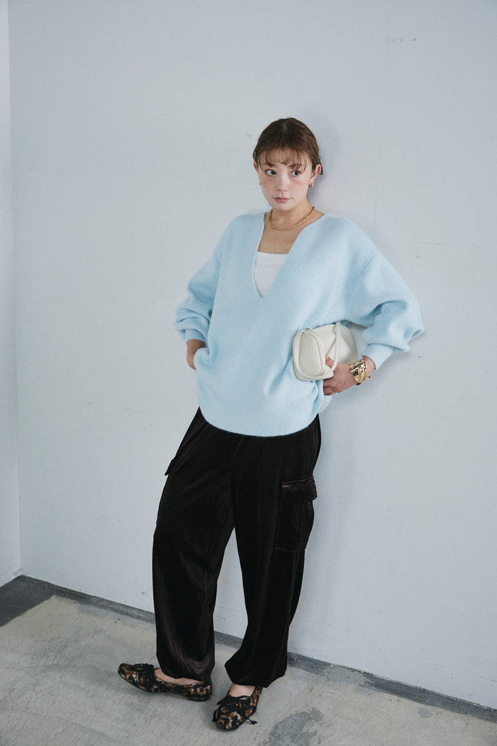 [予約/SET]深Vネックハイゲージニット+ベロアカーゴジョガーパンツ(2set)