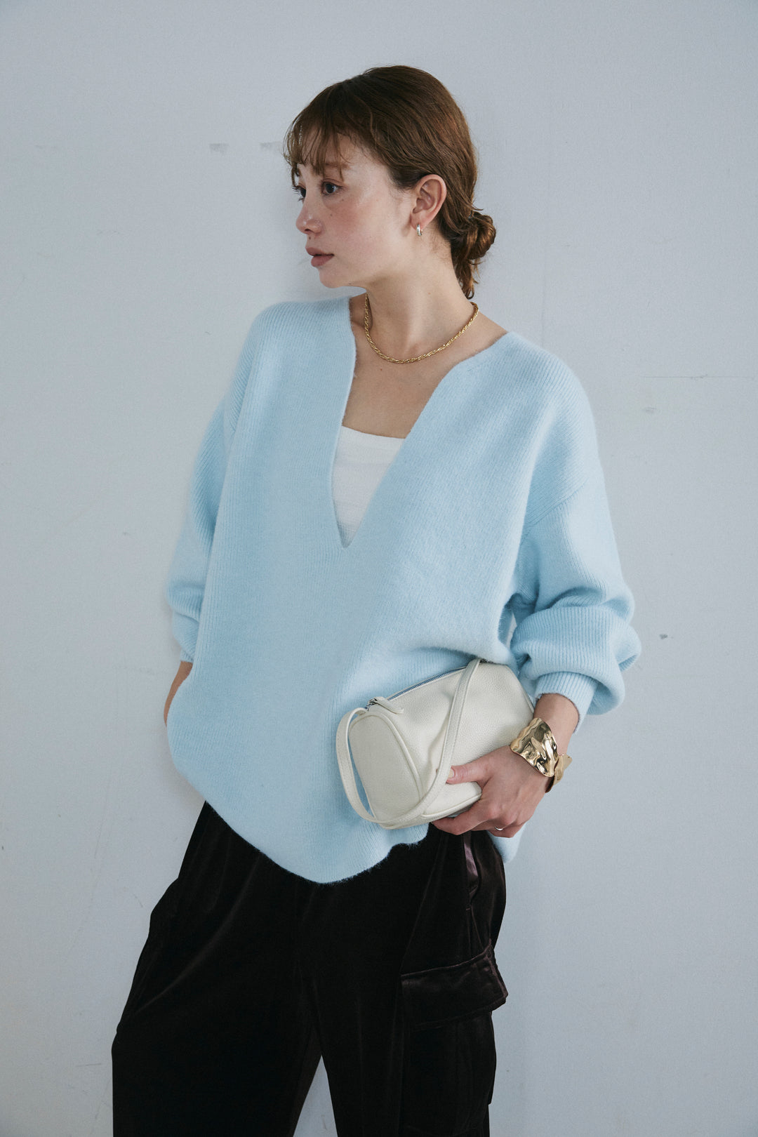 [予約/SET]深Vネックハイゲージニット+ベロアカーゴジョガーパンツ(2set)