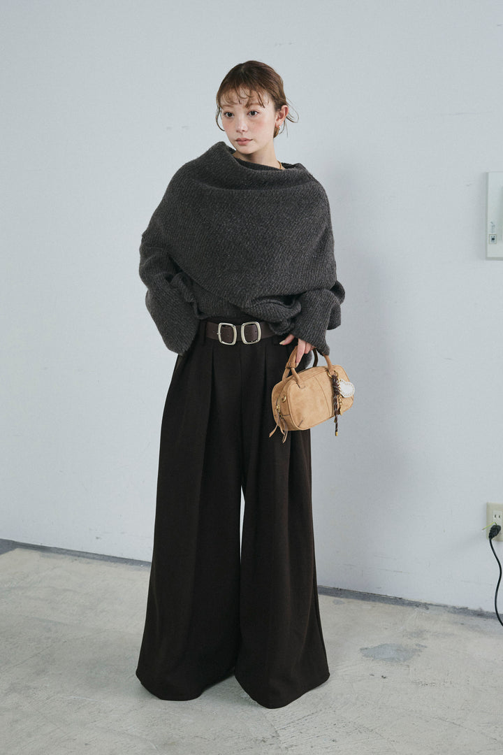 [予約/SET]ケープ付きローゲージニット+ベルト付きスゥイッチングタックパンツ(2set)