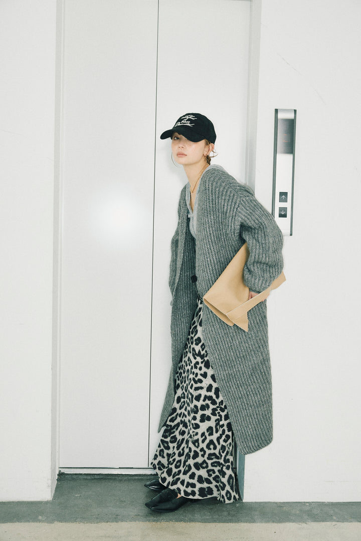 [予約/SET]キルトピン付きロングカーディガン+レオパードナロースカート(2set)