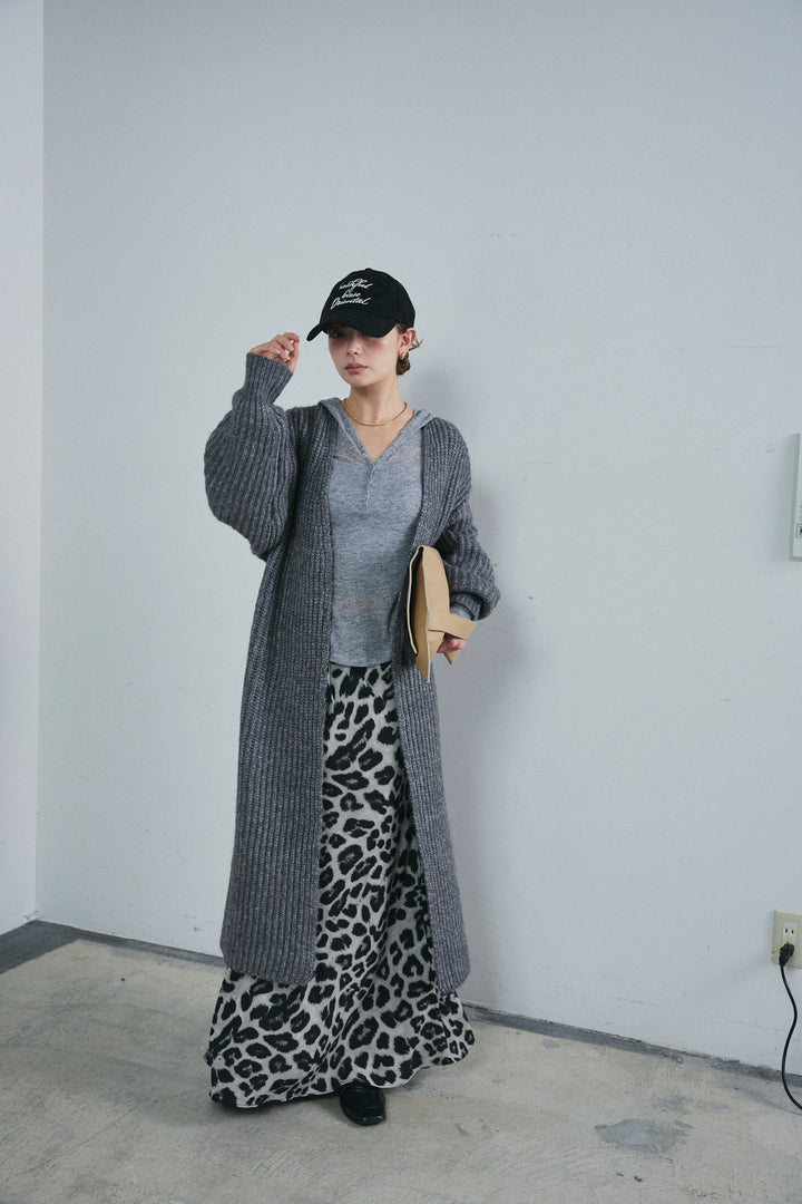 [予約/SET]キルトピン付きロングカーディガン+レオパードナロースカート(2set)