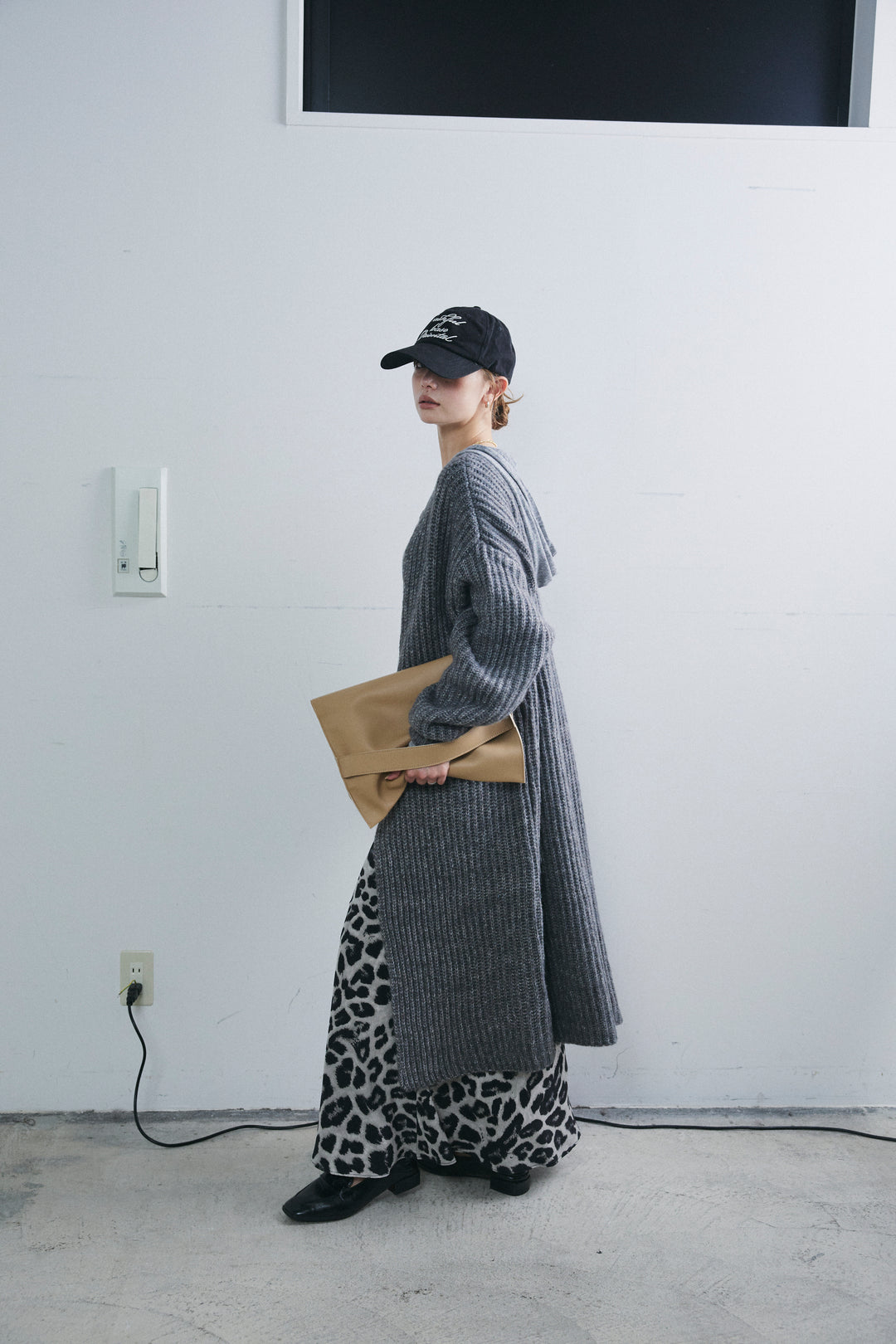 [予約/SET]キルトピン付きロングカーディガン+レオパードナロースカート(2set)