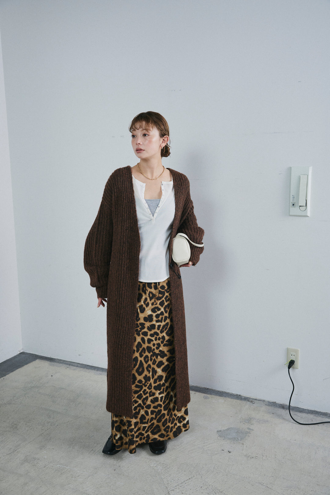 [予約/SET]キルトピン付きロングカーディガン+レオパードナロースカート(2set)