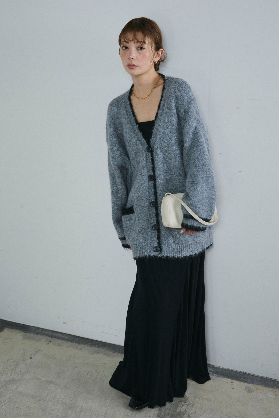 [予約/SET]パイピングニットカーディガン+切り替えリブニットロングスカート(2set)