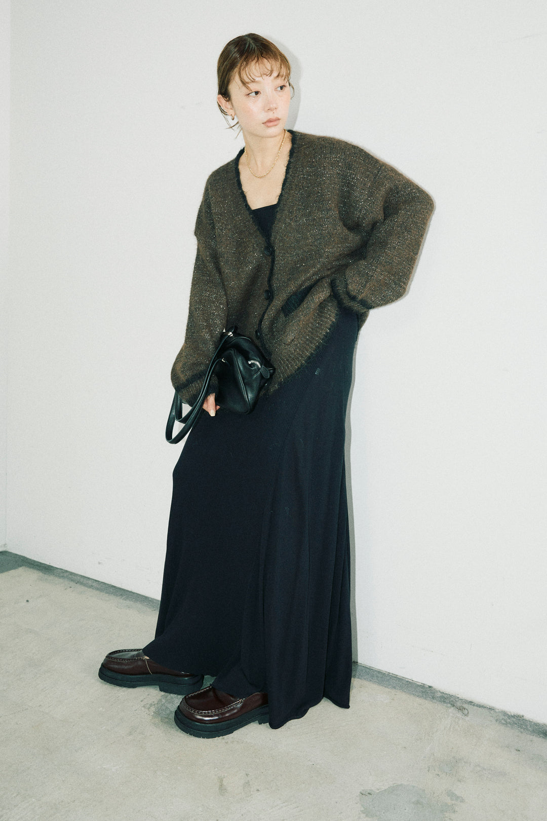 [予約/SET]パイピングニットカーディガン+切り替えリブニットロングスカート(2set)