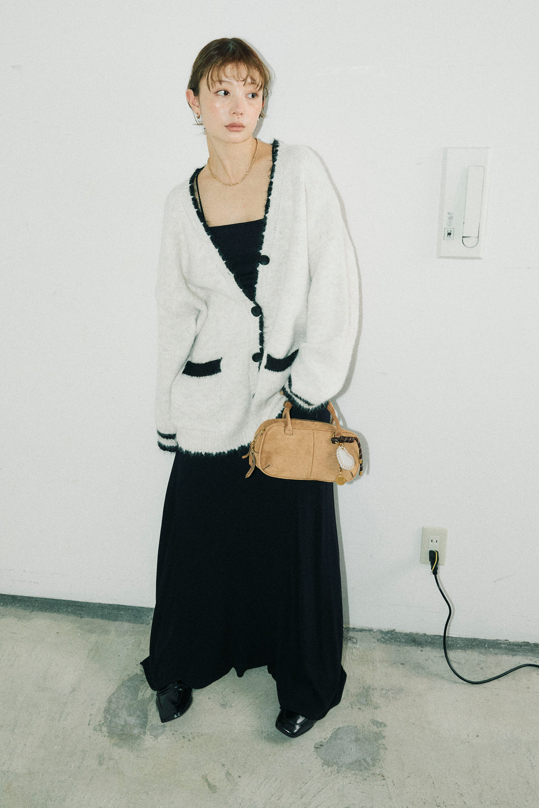 [予約/SET]パイピングニットカーディガン+切り替えリブニットロングスカート(2set)