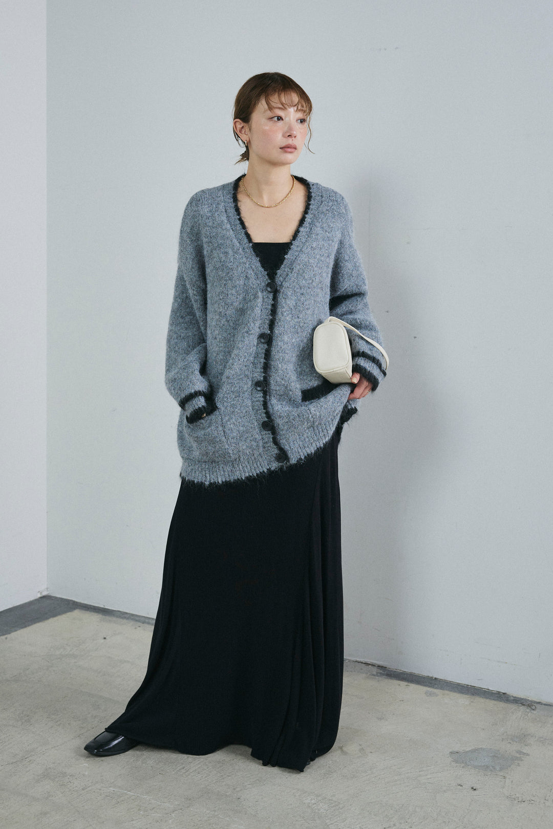 [予約/SET]パイピングニットカーディガン+切り替えリブニットロングスカート(2set)