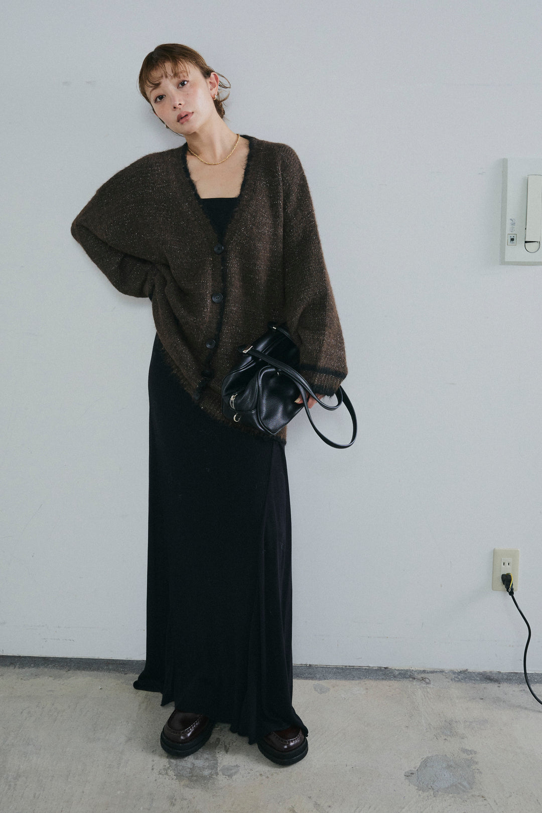 [予約/SET]パイピングニットカーディガン+切り替えリブニットロングスカート(2set)