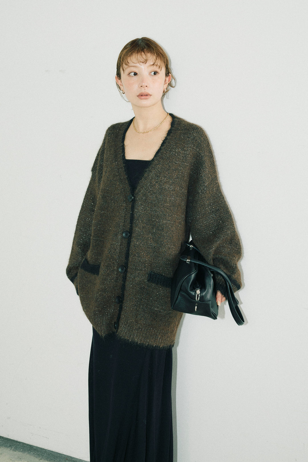 [予約/SET]パイピングニットカーディガン+切り替えリブニットロングスカート(2set)