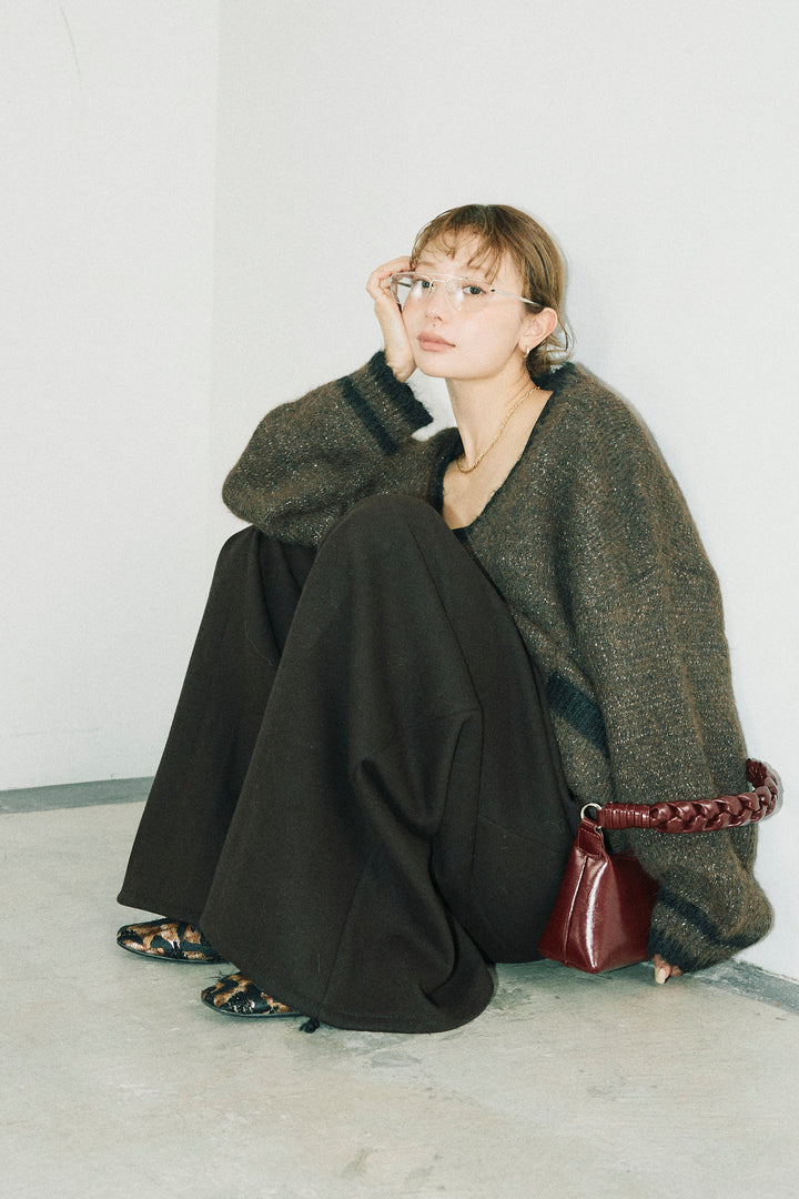 [予約/SET]パイピングニットカーディガン+ベルト付きスゥイッチングタックパンツ(2set)