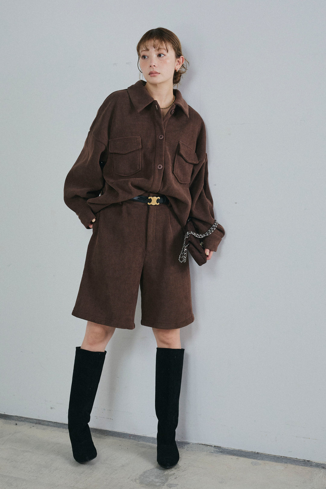 [予約/SET]襟付きコーデュロイポケットシャツ+リラックスコーデュロイハーフパンツ(2set)