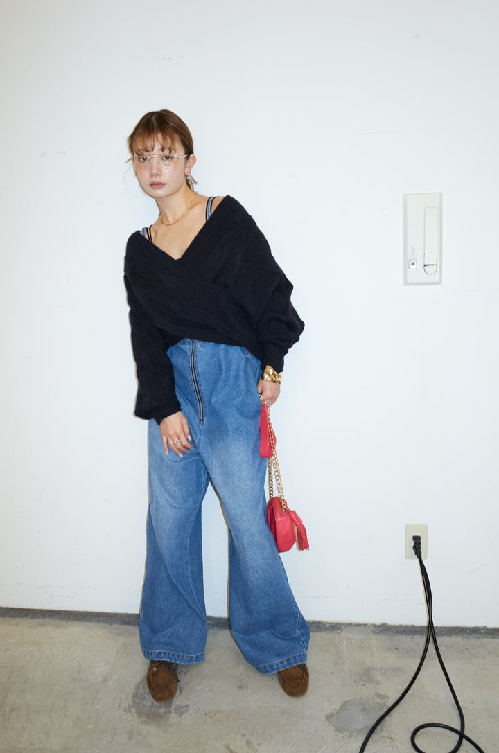 [予約/SET]カシュクールケーブルショートニット+フロントジップストラップデザインデニムサロペット(2set)