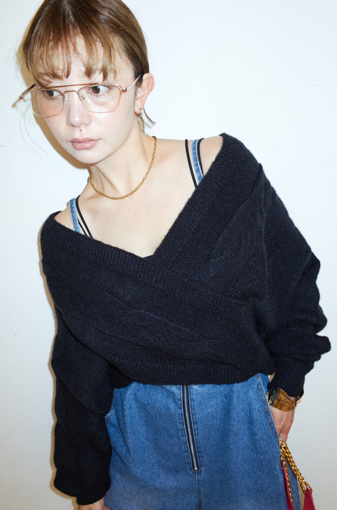 [予約/SET]カシュクールケーブルショートニット+フロントジップストラップデザインデニムサロペット(2set)