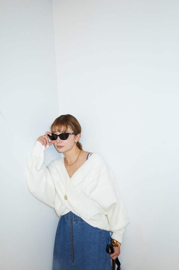 [予約/SET]カシュクールケーブルショートニット+フロントジップストラップデザインデニムサロペット(2set)