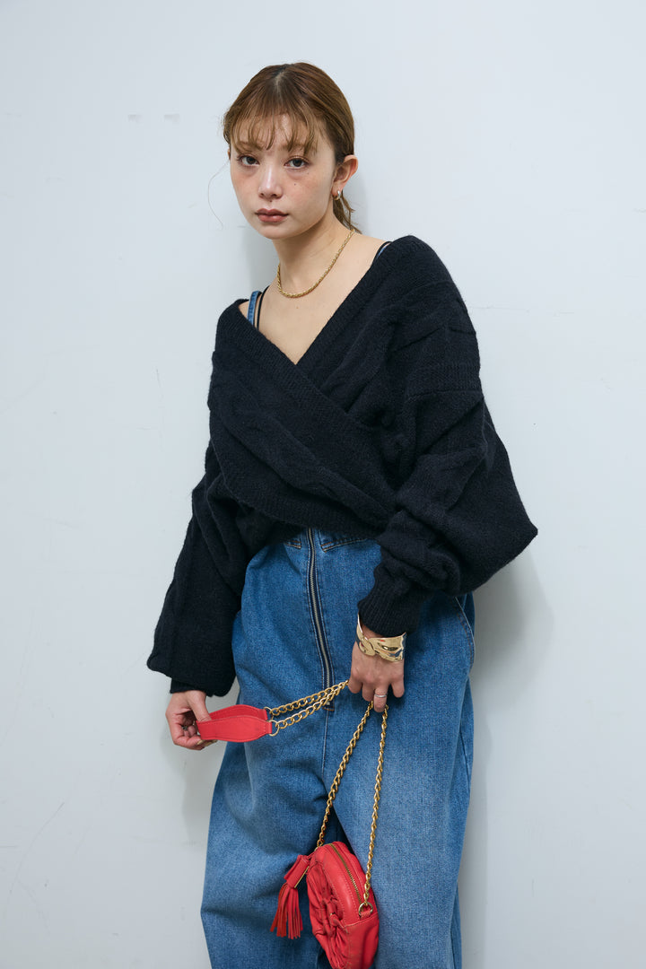 [予約/SET]カシュクールケーブルショートニット+フロントジップストラップデザインデニムサロペット(2set)