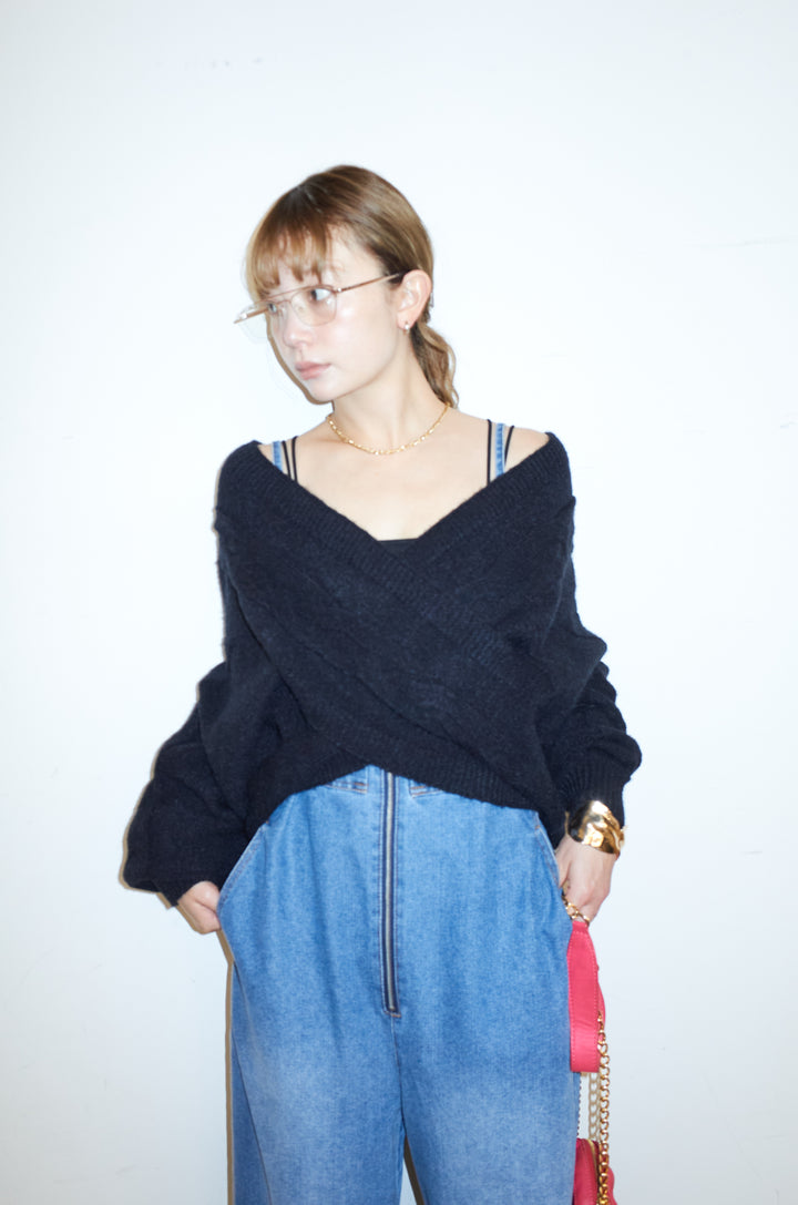 [予約/SET]カシュクールケーブルショートニット+フロントジップストラップデザインデニムサロペット(2set)