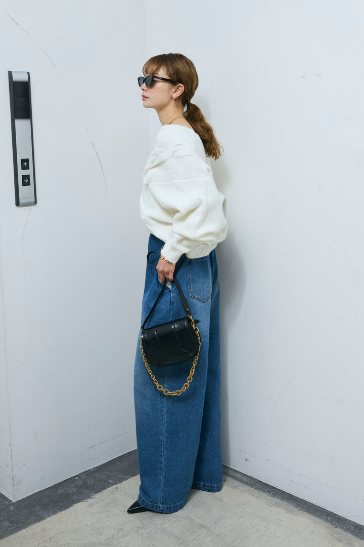 [予約/SET]カシュクールケーブルショートニット+フロントジップストラップデザインデニムサロペット(2set)