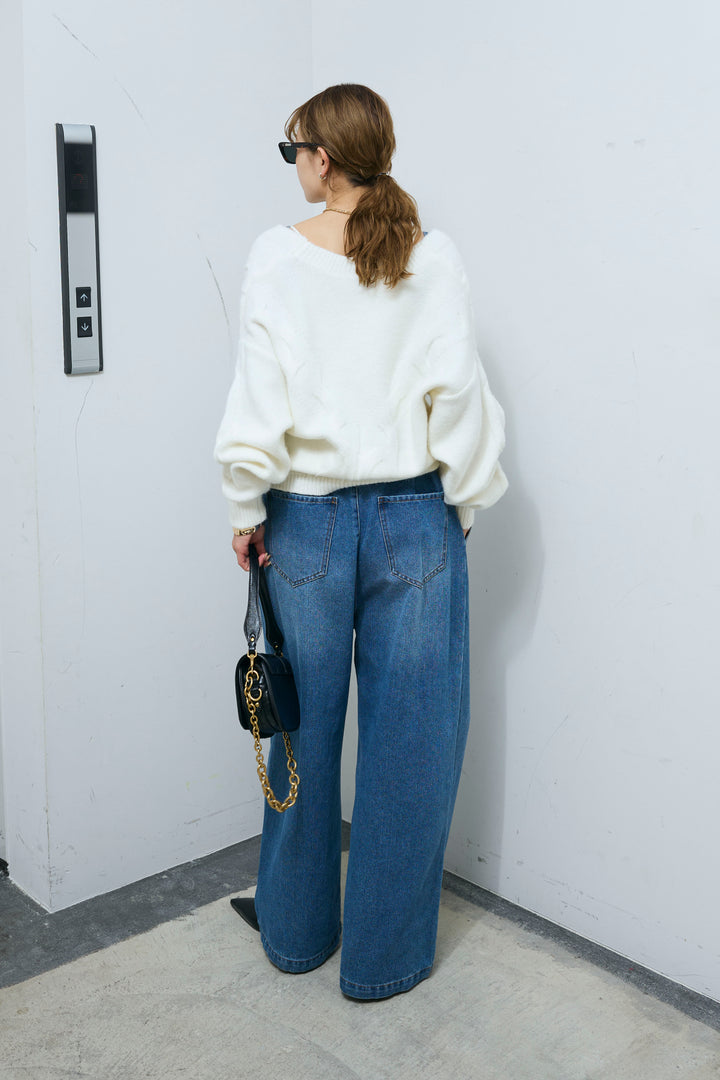 [予約/SET]カシュクールケーブルショートニット+フロントジップストラップデザインデニムサロペット(2set)