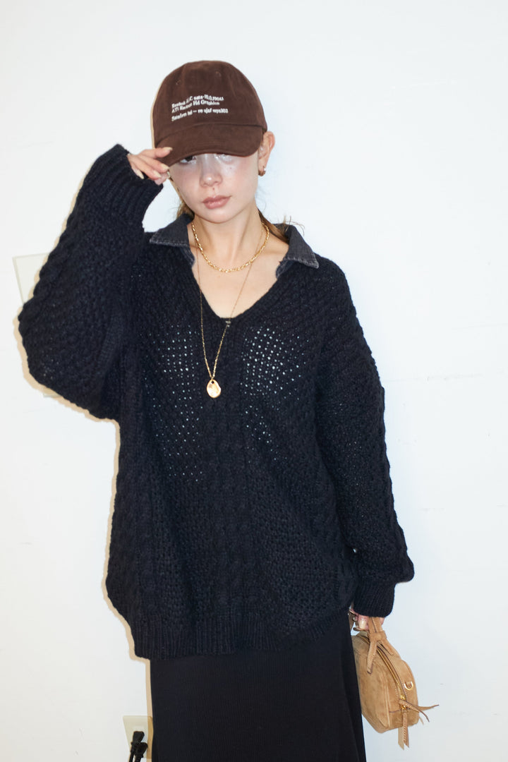 [予約]ブラックデニムカラーケーブルニット