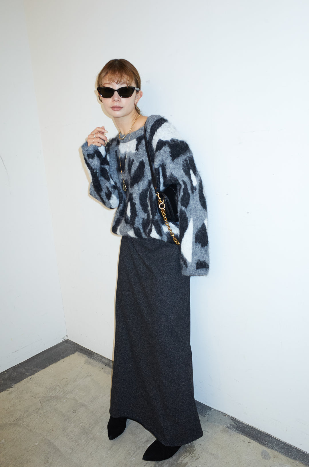 [予約/SET]レオパードモヘアニット+アウトシームストレートスカート(2set)