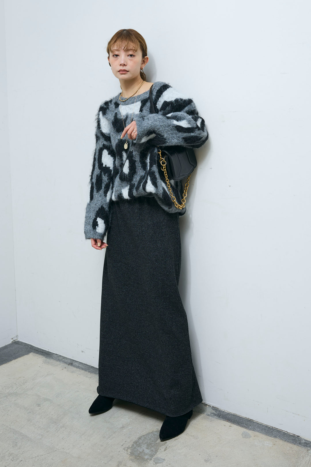 [予約/SET]レオパードモヘアニット+アウトシームストレートスカート(2set)