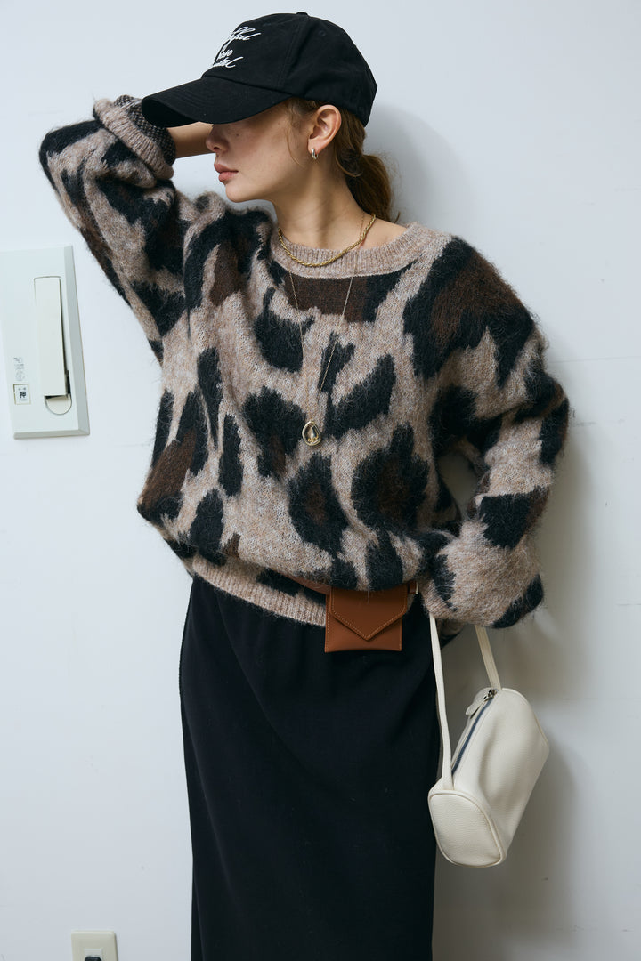 [予約/SET]レオパードモヘアニット+アウトシームストレートスカート(2set)