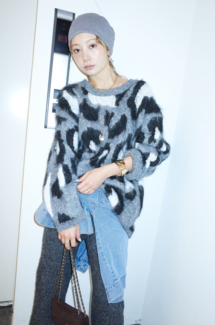 [予約/SET]レオパードモヘアニット+杢ニットリブフレアPT(2set)