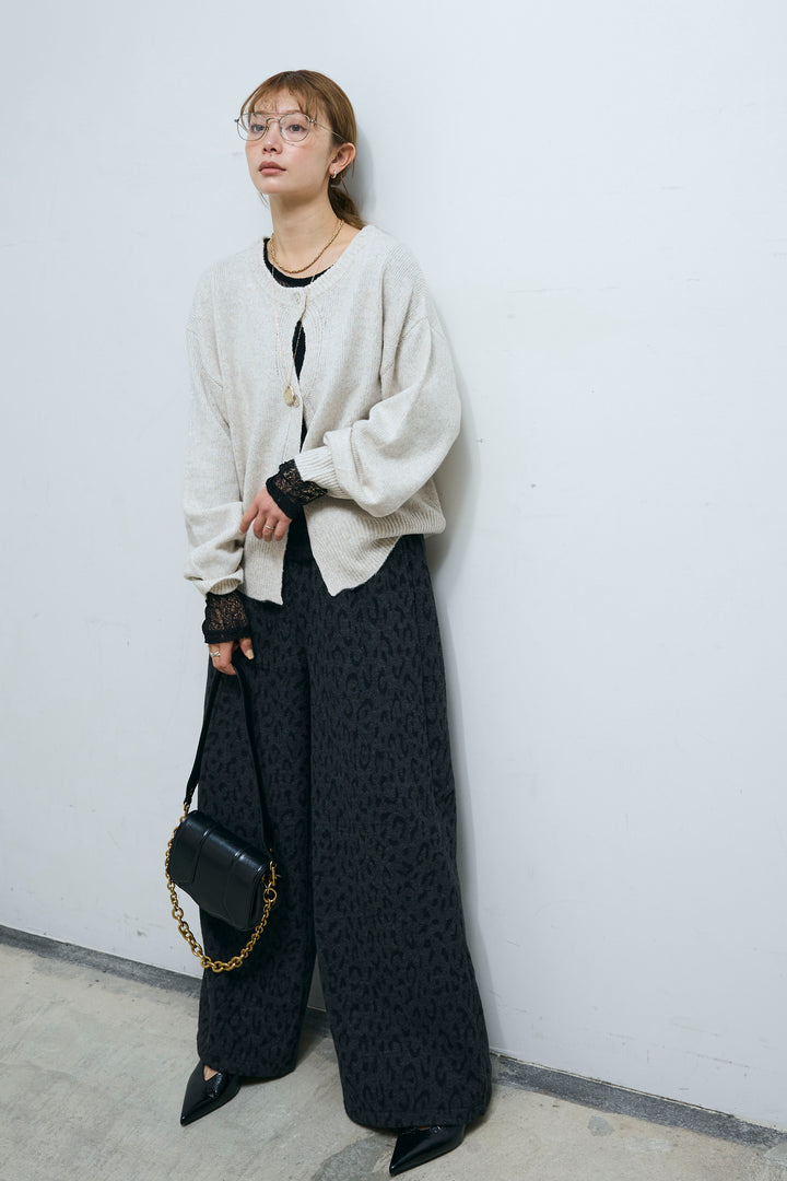 [予約/SET]センターホール2wayニット+パイルタッチレオパード柄イージーパンツ(2set)