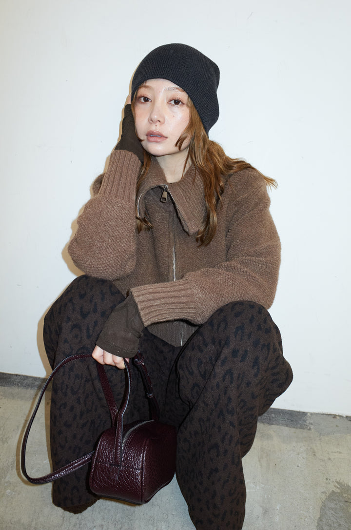 [予約/SET]ハイネックジップアップニット+パイルタッチレオパード柄イージーパンツ(2set)