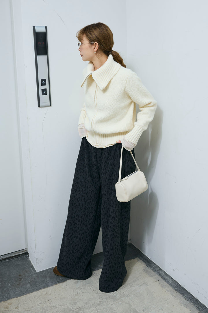 [予約/SET]ハイネックジップアップニット+パイルタッチレオパード柄イージーパンツ(2set)