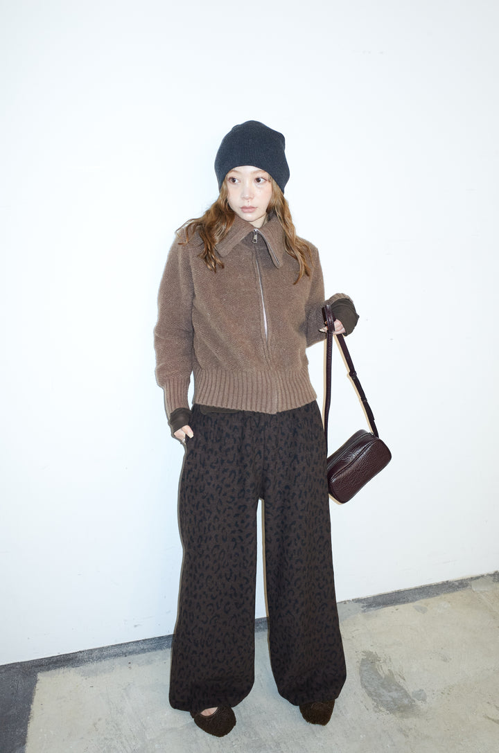[予約/SET]ハイネックジップアップニット+パイルタッチレオパード柄イージーパンツ(2set)