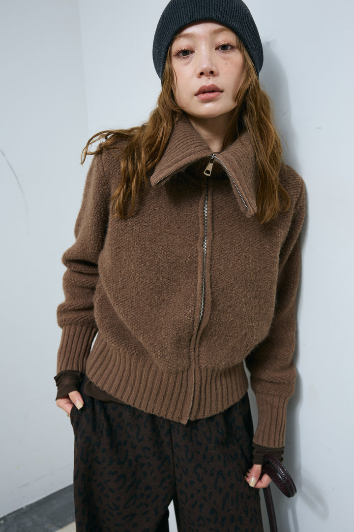 [予約/SET]ハイネックジップアップニット+パイルタッチレオパード柄イージーパンツ(2set)