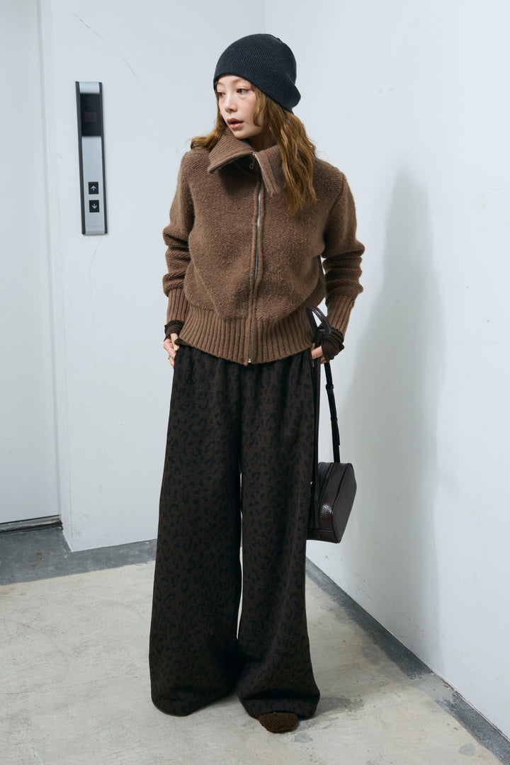 [予約/SET]ハイネックジップアップニット+パイルタッチレオパード柄イージーパンツ(2set)