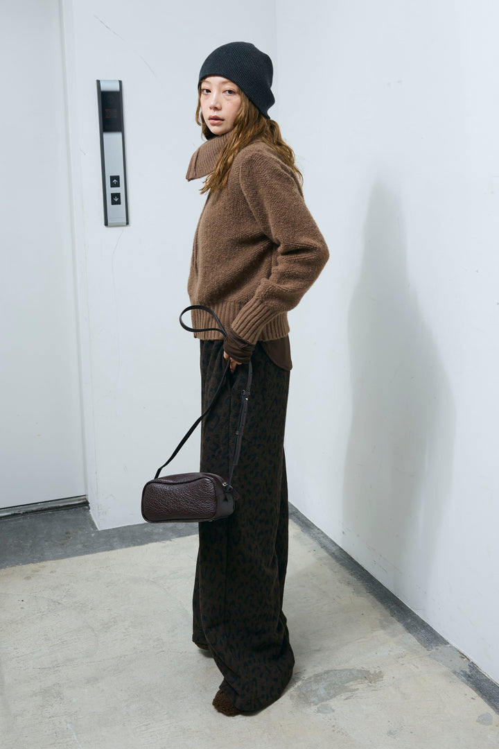 [予約/SET]ハイネックジップアップニット+パイルタッチレオパード柄イージーパンツ(2set)