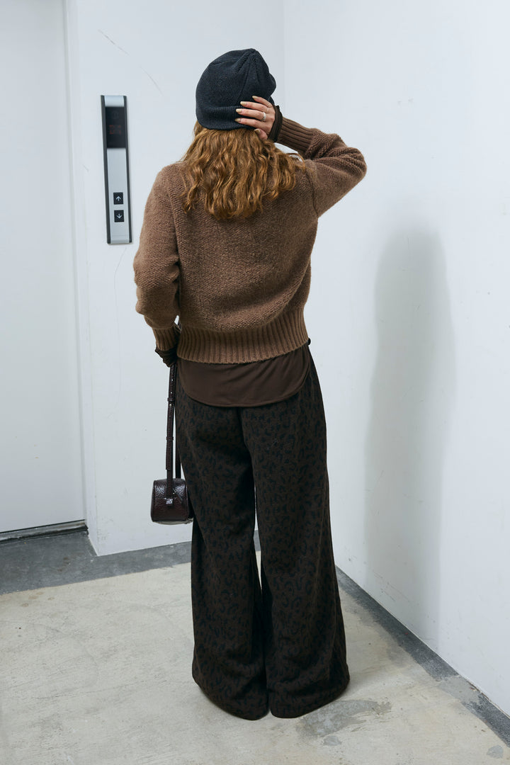 [予約/SET]ハイネックジップアップニット+パイルタッチレオパード柄イージーパンツ(2set)