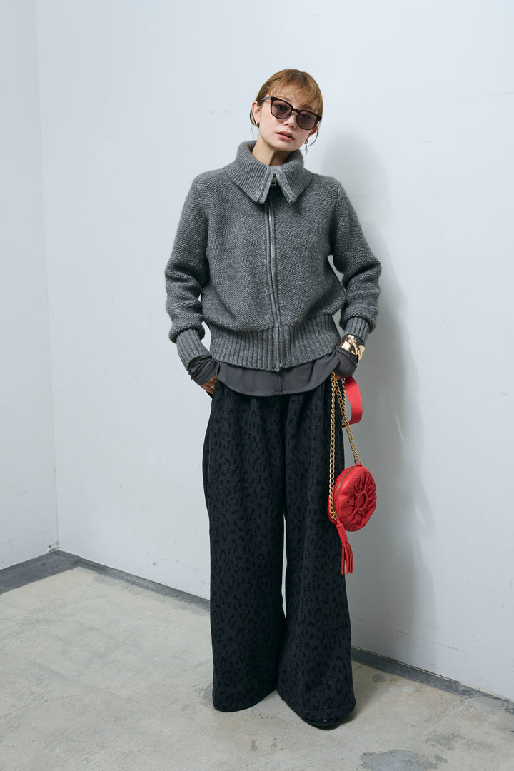 [予約/SET]ハイネックジップアップニット+パイルタッチレオパード柄イージーパンツ(2set)