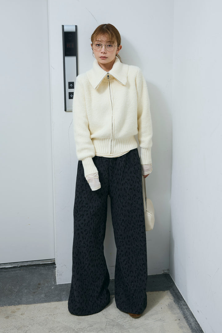 [予約/SET]ハイネックジップアップニット+パイルタッチレオパード柄イージーパンツ(2set)