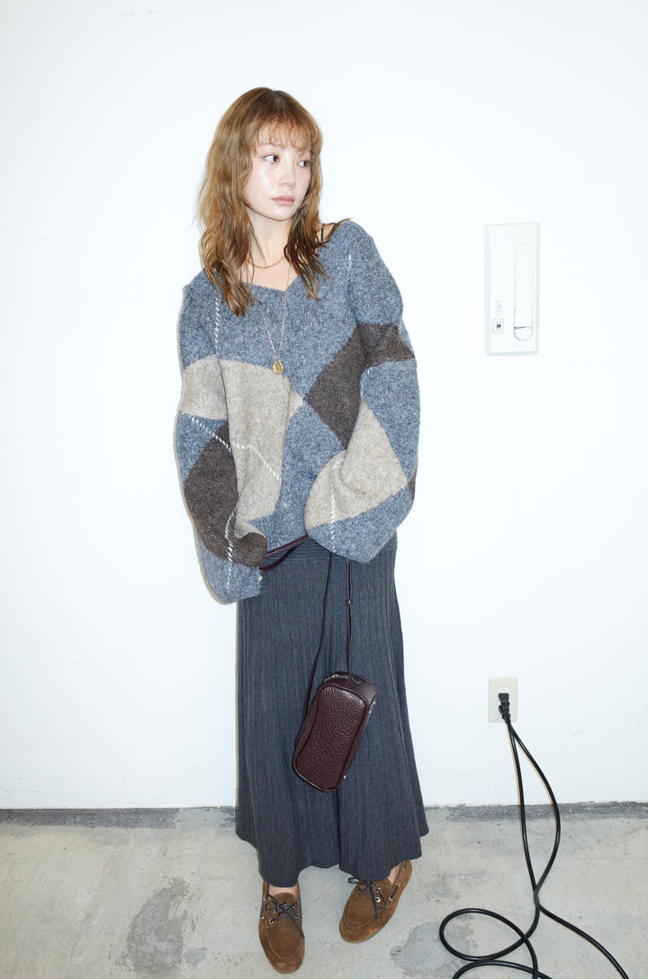 [予約/SET]ビッグアーガイルVネックニット+リブニットスカート(2set)